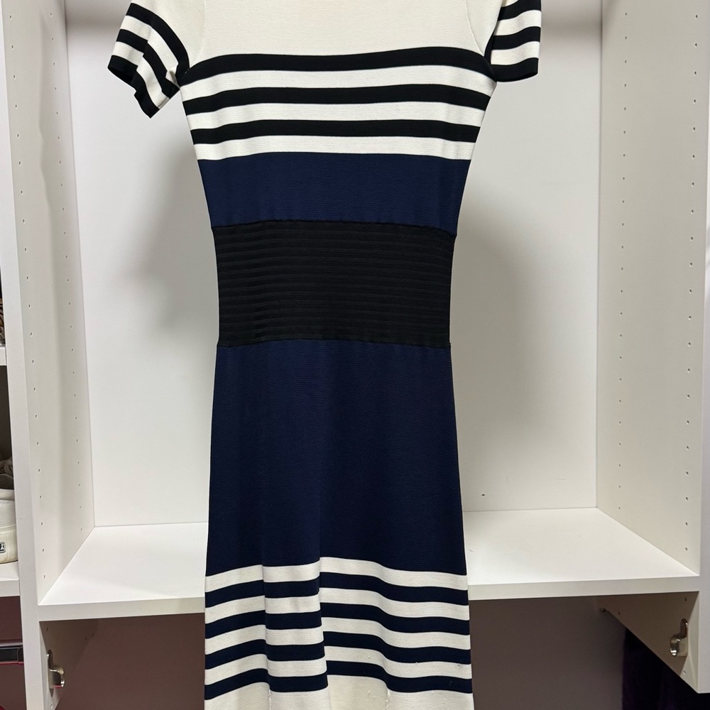 Yigal Azrouel Navy, White and Black Striped Midi Dress
